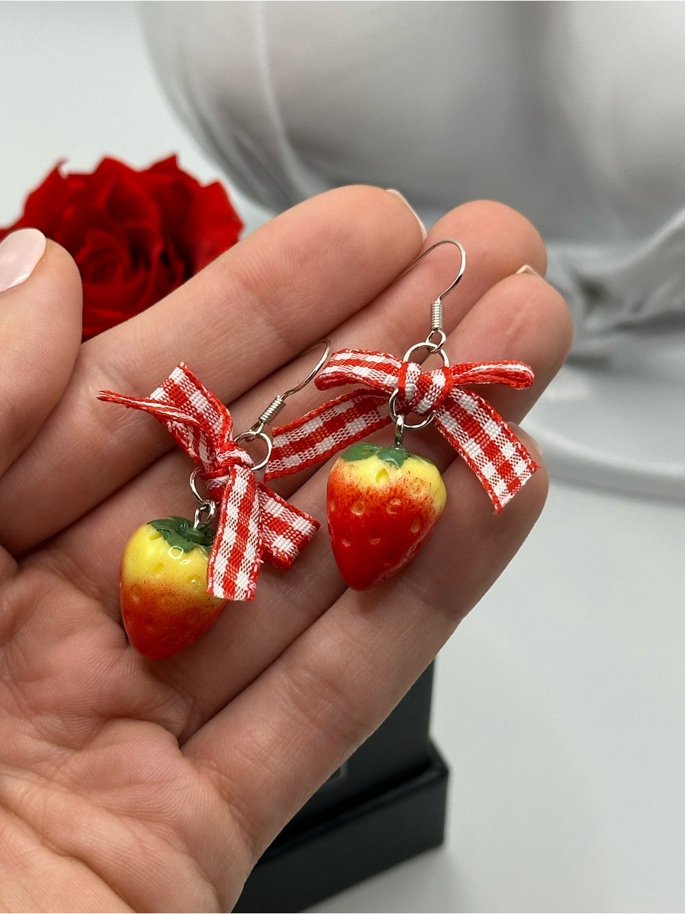 Strawberry Charm Drop Earrings with Red Gingham Bows
